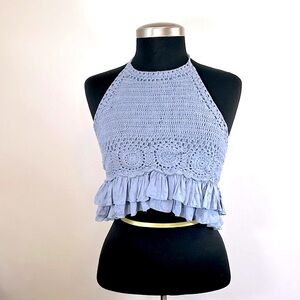American Eagle Outfitters Summer Cropped Women’s Size XL Ruffled Blue Halter Top
